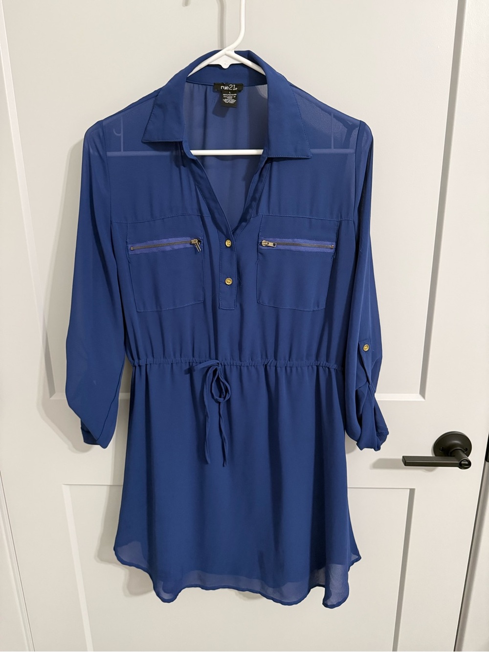rue21 Blue Sheer Utility Shirt Dress Gold Zip Pockets Size Large
